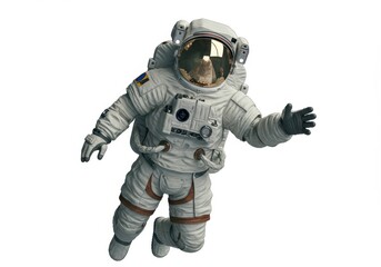A fully-suited astronaut floating in space with a detailed helmet visor reflecting a faint glow isolated on white background