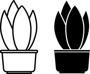 Office Plant Icons. Black and White Vector Icon. Plant in Flower Pot. Interior Item. Office Concept