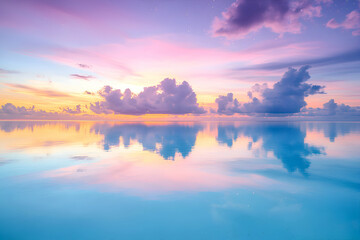 Serene sunset reflected in tranquil ocean waters.  Perfect for travel, meditation, or relaxation themes.