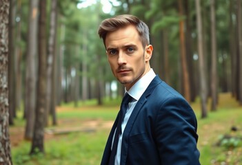 A man in a business suit standing in a forest