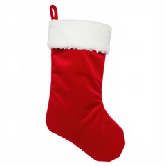 A classic red Christmas stocking with soft white faux fur trim at the top isolated on white background