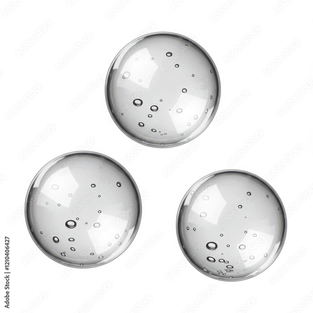 Poster a set of three clear floating bubbles of varying sizes with light reflections and small air pockets 