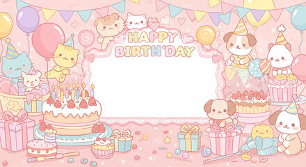 Adorable Kawaii Animals Celebrate Birthday Party with Cakes Presents Balloons