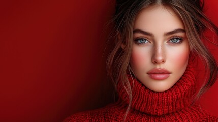 Striking Beauty in Vibrant Red Sweater