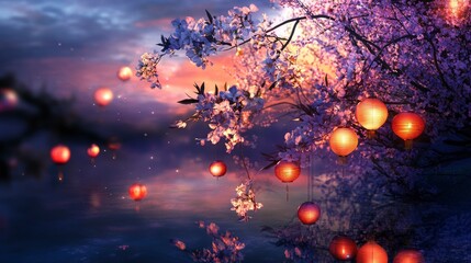 Serene Cherry Blossom Lake Sunset with Lanterns
