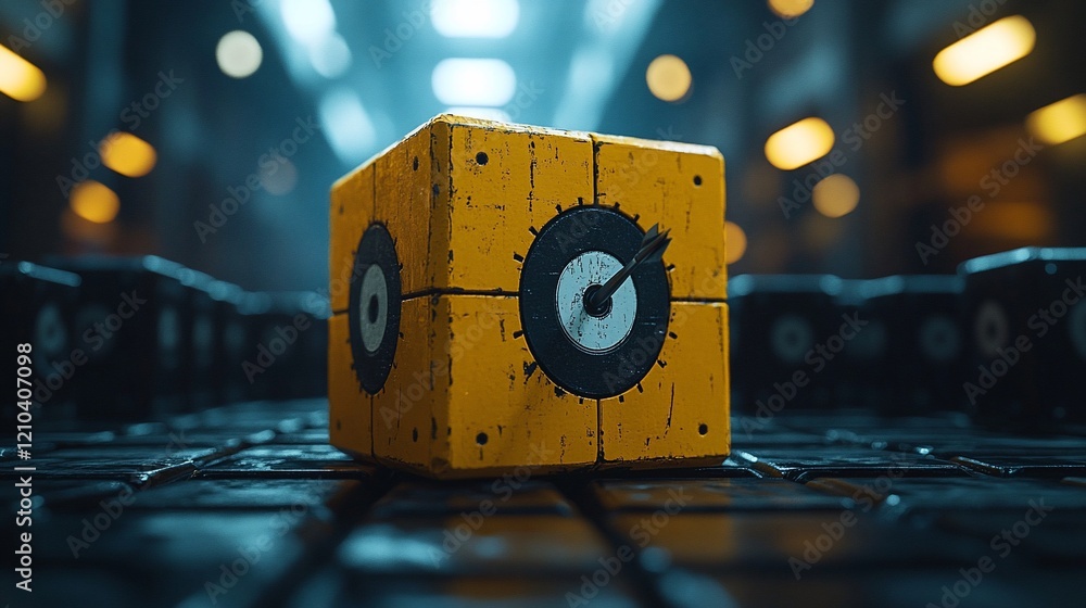 Poster grungy yellow cube with target, futuristic setting.