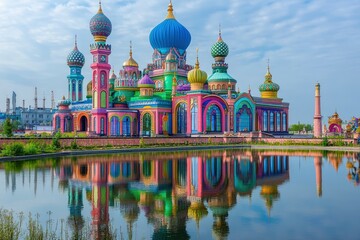 Obraz premium Vibrant Colorful Palace Reflecting in Calm Lake