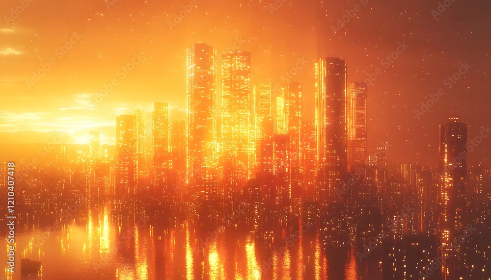 Aufkleber stunning digital illustration of a futuristic cityscape at sunset with glowing skyscrapers reflectin
