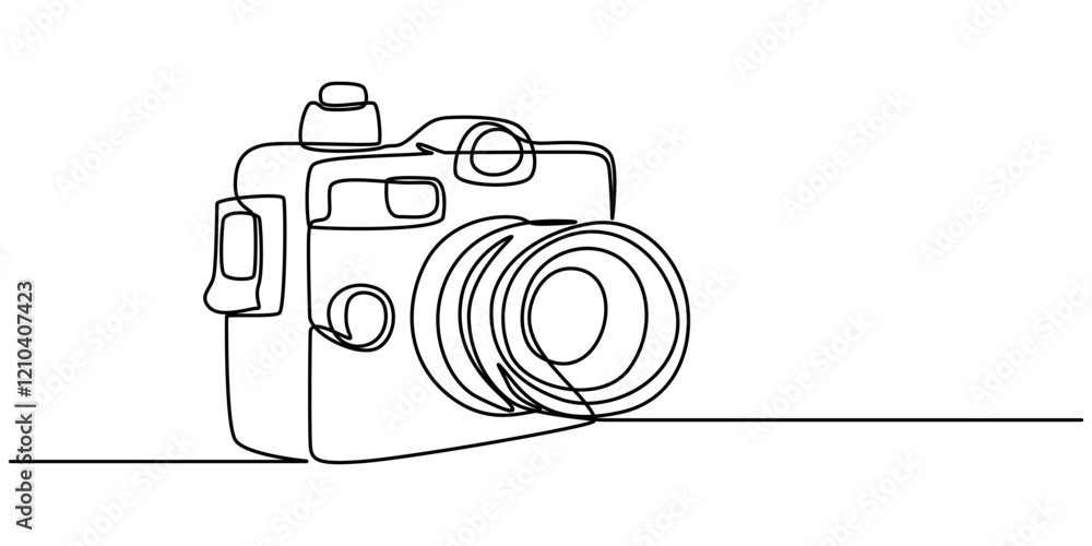 Poster Instant Camera Continuous Line Drawing with Editable Stroke and Copy Space, Digital camera continuous one line drawing. Isolated on white background vector illustration, One single line drawing of old