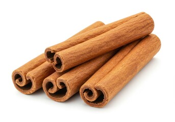 Four cinnamon sticks with a rough texture and hollow cores, arranged neatly isolated on a white background