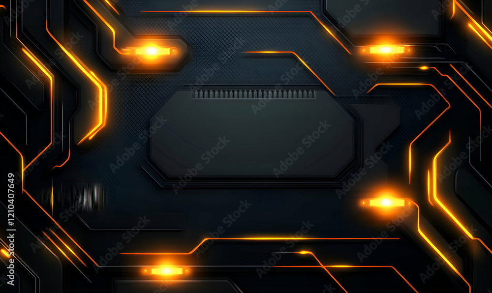 Poster abstract technological background featuring glowing orange circuits on a dark metallic surface; idea
