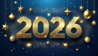 golden 2026 glitter text with festive decorations on a blue background featuring stars, ornaments, and confetti for new year celebrations

