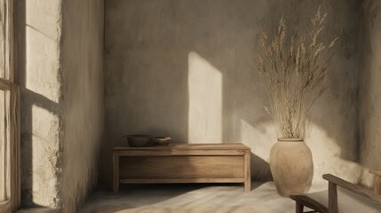 A cozy boho living space with wooden furniture, neutral decor, and an empty wall mockup, enhanced by soft textures and natural elements