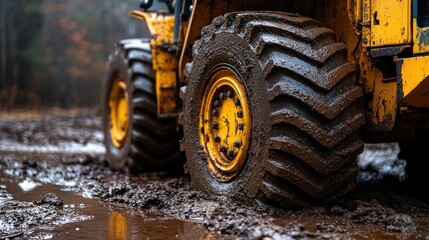 Muddy Tractor Tire in Forest, Autumn