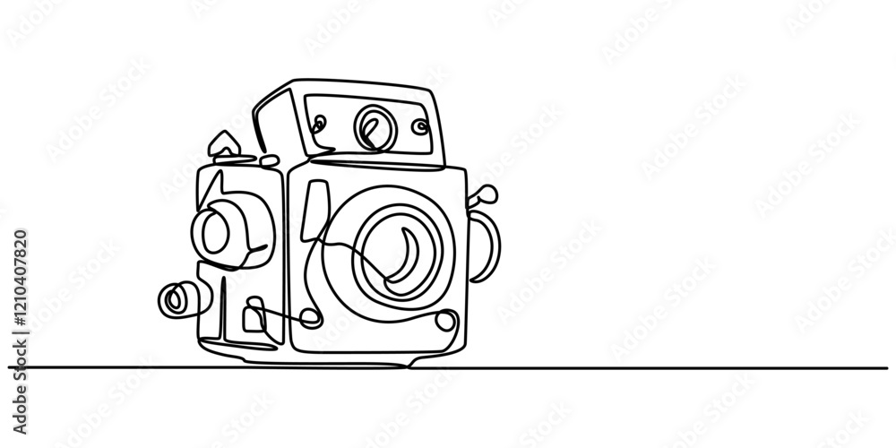 Poster Instant Camera Continuous Line Drawing with Editable Stroke and Copy Space, Digital camera continuous one line drawing. Isolated on white background vector illustration, One single line drawing of old