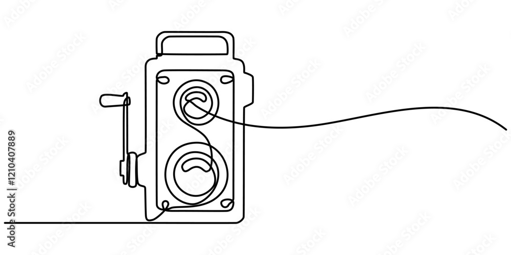 Poster Instant Camera Continuous Line Drawing with Editable Stroke and Copy Space, Digital camera continuous one line drawing. Isolated on white background vector illustration, One single line drawing of old