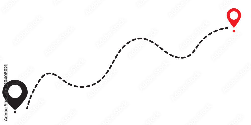 Poster route icon - two points with dotted path and location pin. route location icon two pin sign and dott