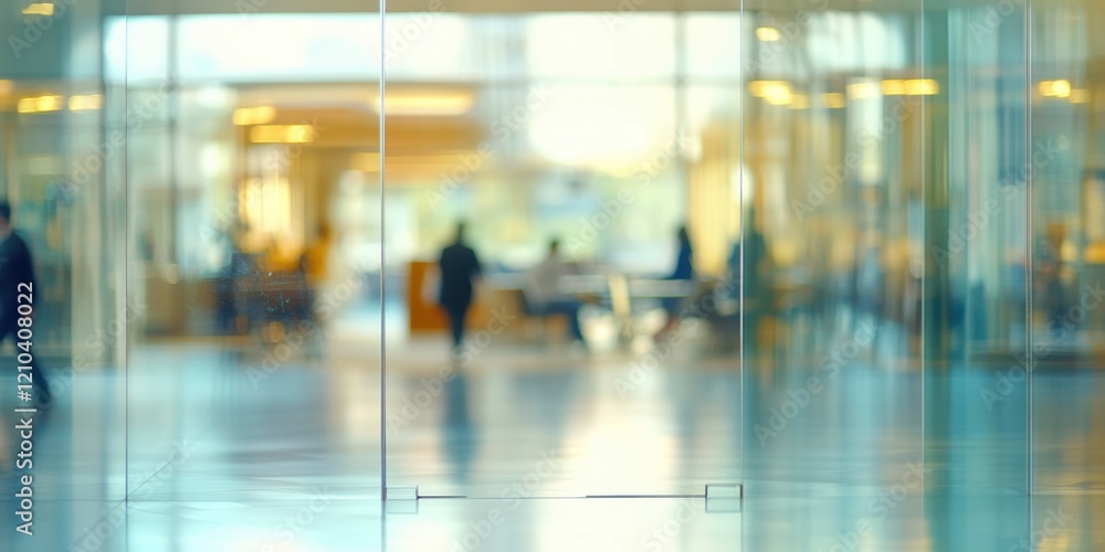 Poster blurred office space with people working in the background and glass walls, creating an open atmosph