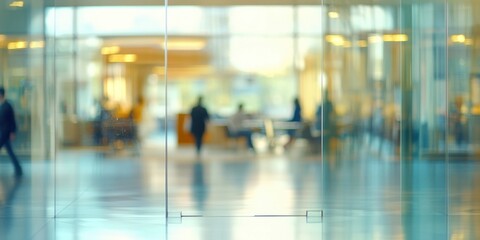 Fototapeta premium Blurred office space with people working in the background and glass walls, creating an open atmosphere Generative AI