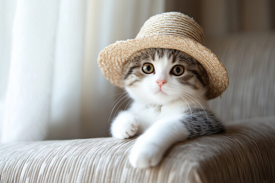 A cute little cat wearing a hat sitting on sofa at home.
