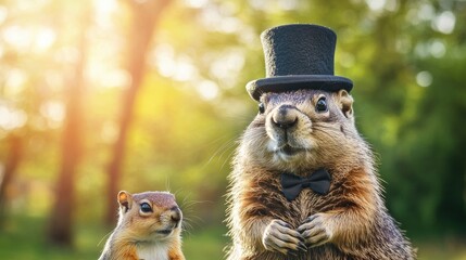 Marmot and Squirrel in Top Hat and Bow Tie Outdoors
