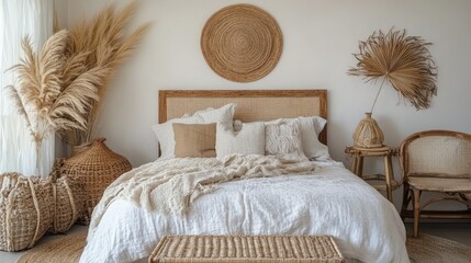 Warm and inviting home interior with wooden accents, a blank wall mockup, and boho-style details, 3D-rendered.