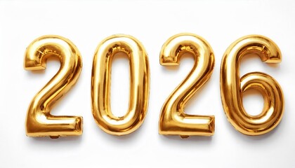 golden metallic 2026 numbers isolated on a white background, bold shiny typography design for new year celebrations and graphic decorations

