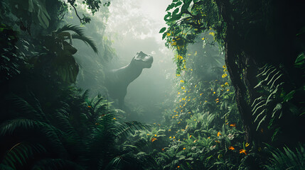 Fototapeta premium A Majestic T-Rex Roaring Proudly in a Lush Prehistoric Jungle Surrounded by Exotic Flora and Misty Vistas
