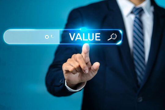 Businessman touch virtual screen of progress bar with the word VALUE for growth value, increase value, value added and business growth concepts