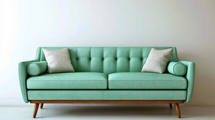 A cozy modern interior featuring a mint green sofa against a pristine white wall, complemented by warm wood and simple decor.