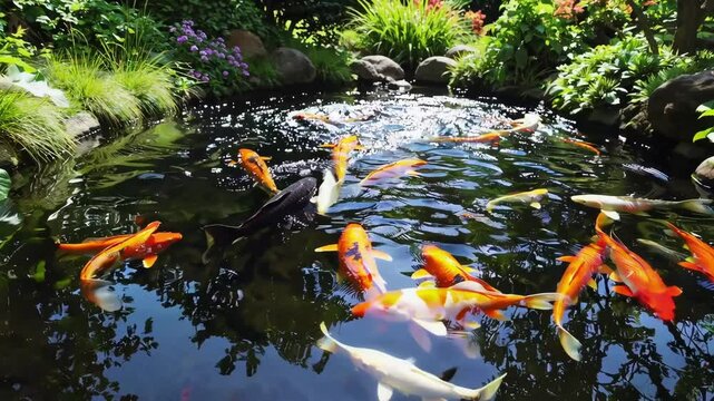 A peaceful garden with koi fish swimming in a pond