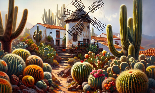 S&uuml;damerikanische oder spanische Landschaft mit Haus, Windm&uuml;hle und Kakteengarten, watercolor Zeichnung