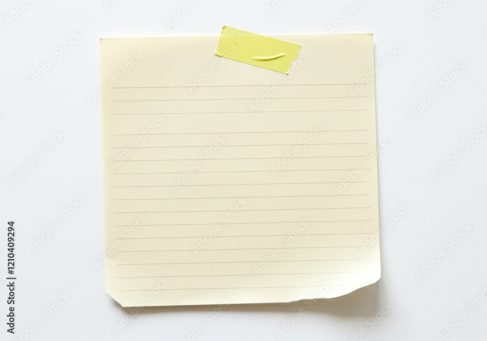 Poster a beige torn notebook page with horizontal lines and a yellow tape piece securing it isolated on whi