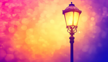 Illuminated street lamp against a vibrant, bokeh-filled sunset backdrop. Perfect for evocative designs, romantic themes, or nostalgic projects.