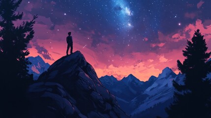 Fototapeta premium Man silhouetted on mountain peak, gazing at vibrant sunset and starry night sky.
