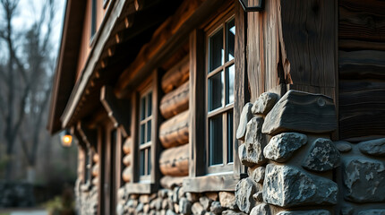 Rustic Log Cabin Architecture: Stone and Wood Exterior, Charming Countryside Home