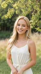 Naklejka premium Smiling Woman in a Natural Setting 