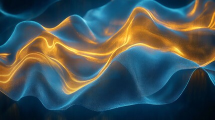 Obraz premium Dynamic abstract glowing waves in blue and gold, luxurious and vibrant, soft light and reflections, peaceful and magical, high detail and elegant atmosphere