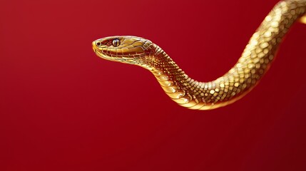 Obraz premium Empty space, a long delicate golden snake hovering and flying in the air, metallic snake, red background, depth of field 