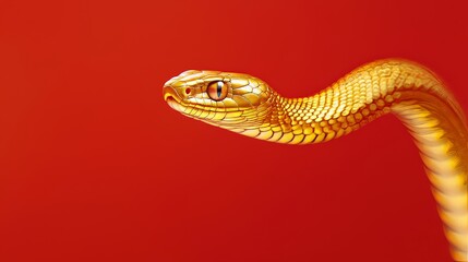 Fototapeta premium Empty space, a long delicate golden snake hovering and flying in the air, metallic snake, red background, depth of field 
