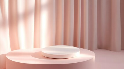 Minimalist Pink Cylindrical Display Platform with Sheer Curtains - Product Showcase Mockup