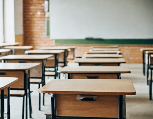 Bright and Quiet Empty Classroom with Rows of Desks and Chairs