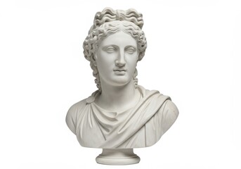 Obraz premium A white marble bust of a classical figure with detailed facial features, curly hair and draped clothing isolated on white background