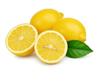 Vibrant yellow lemons one cut in half displaying its juicy inner texture with a single green leaf isolated on a white background