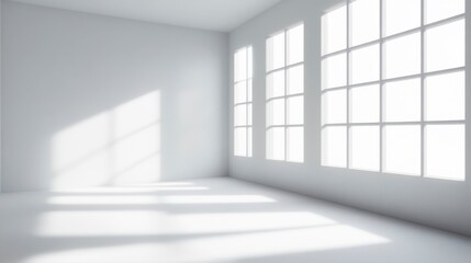 Bright Sunlight Streaming Through Large Paned Windows into Empty White Room Corner