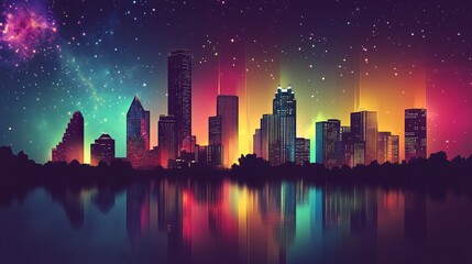 Fototapeta premium Dynamic city skyline glowing with vibrant colors under a starry sky