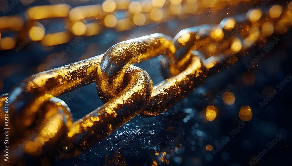 Poster close-up view of a glimmering gold chain link glimmering in light, capturing the intricate texture a