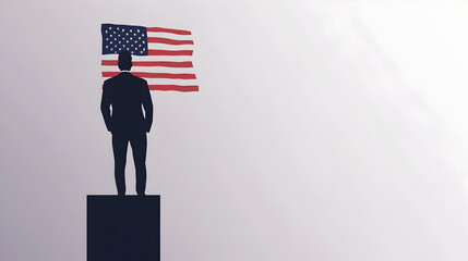 A minimalist design of a person standing on a podium with an American flag behind them. Podium with flag.



