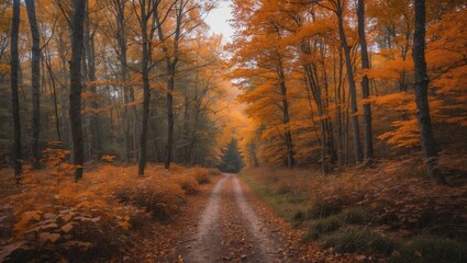 Autumn serenity along a tranquil forest path
