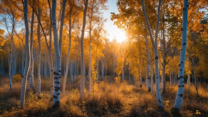 Fototapeta premium Autumn sunlight illuminating birch and aspen trees